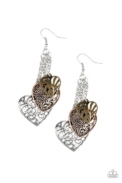 Once Upon a Heart - Multi - Copper Filigree-Filled Hearts Silver Chains Fishhook Earrings