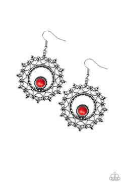 Wreathed in Whimsicality - Red Stone Bead Studded Frilly Heart Filigree Shape Spider-Web-Like Fishhook Earrings