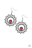 Wreathed in Whimsicality - Red Stone Bead Studded Frilly Heart Filigree Shape Spider-Web-Like Fishhook Earrings