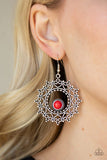 Wreathed in Whimsicality - Red Stone Bead Studded Frilly Heart Filigree Shape Spider-Web-Like Fishhook Earrings