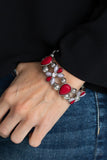 Fabulously Flourishing - Red/Wine and Silver Beaded Petals White Rhinestones Floral Frames Stretchy Bracelet