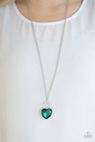 Locked in Love - Blue - Green Oversized Heart Gem White Rhinestones Lock Long Necklace