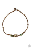 The Broncobuster - Green Glassy Beads Brass Ring Shiny Brown Cording Short Urban Necklace