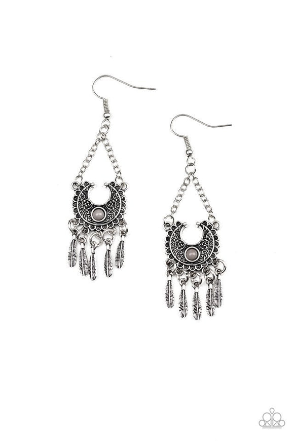 Fabulously Feathered - Silver Feather Charms Half-Moon Gray Bead Fishhook Earrings