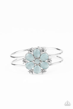 Garden Extravagance - Blue Cat's Eye Floral Frame White Rhinestones Silver Hinged Cuff Bracelet