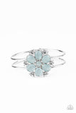 Garden Extravagance - Blue Cat's Eye Floral Frame White Rhinestones Silver Hinged Cuff Bracelet