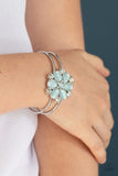 Garden Extravagance - Blue Cat's Eye Floral Frame White Rhinestones Silver Hinged Cuff Bracelet