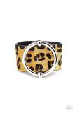 Asking Fur Trouble - Green - Yellow Fuzzy Cheetah Print Oversized Silver Ring Black Leather Urban Snap Wrap Bracelet