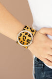 Asking Fur Trouble - Green - Yellow Fuzzy Cheetah Print Oversized Silver Ring Black Leather Urban Snap Wrap Bracelet