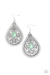 Eden Glow - Green Cat's Eye Stone in Center Silver Teardrop Floral Filigree Dainty White Rhinestones Fishhook Earrings