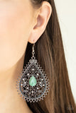 Eden Glow - Green Cat's Eye Stone in Center Silver Teardrop Floral Filigree Dainty White Rhinestones Fishhook Earrings