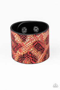 Serpent Shimmer - Red Thick Leather Python Print Urban Snap Wrap Bracelet
