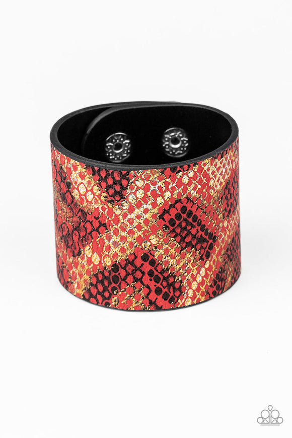 Serpent Shimmer - Red Thick Leather Python Print Urban Snap Wrap Bracelet