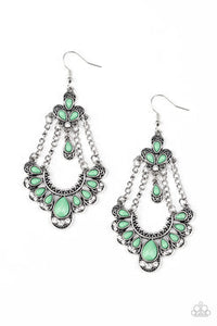 Unique Chic - Green Teardrop Beads White Rhinestones Silver Chains Fishhook Earrings