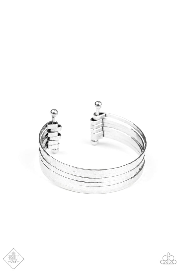 Bauble-Headed - Silver Hammered Bars Arc Across the Wrist Cuff Bracelet - Fashion Fix Bracelet Aug. 2020