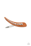 Snap Out of It - Brown Leather Glassy White Rhinestones Down the Center Hair Clip