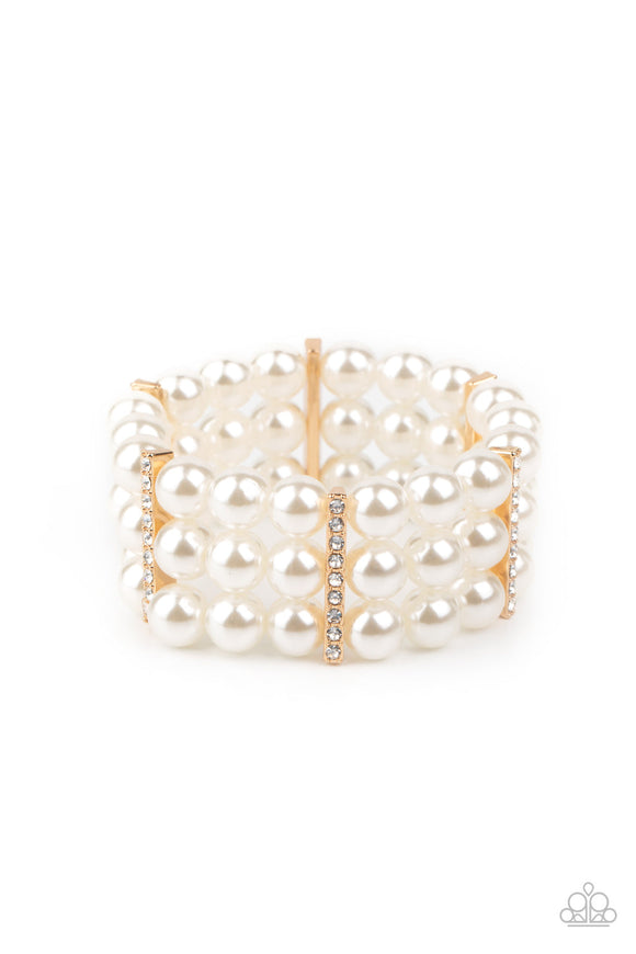 Modern Day Majesty - Gold Fittings White Pearls and White Rhinestones Stretchy Bracelet