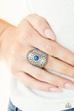 Mojave Rays - Blue Bead Silver Sunburst Pattern Wide Band Ring