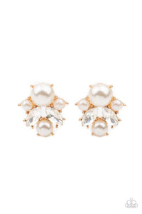 Royal Reverie - Gold Fitting Glassy White Rhinestones and Pearls Post Earrings