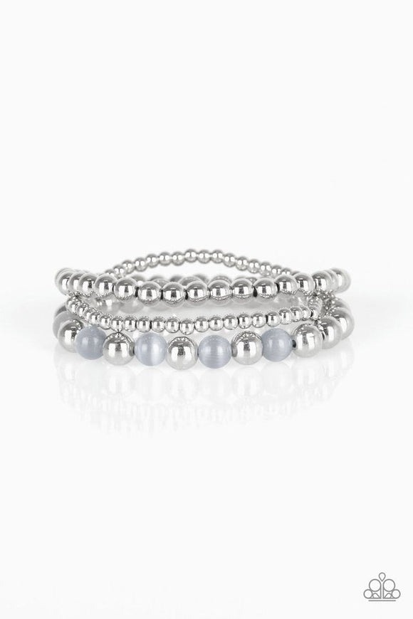 Always on the Glow - Silver Beads with Gray Moonstones Stretchy Bracelet