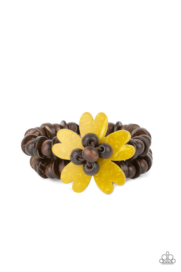 Tropical Flavor - Yellow Heart Shaped Petals Wooden Stretchy Bracelet