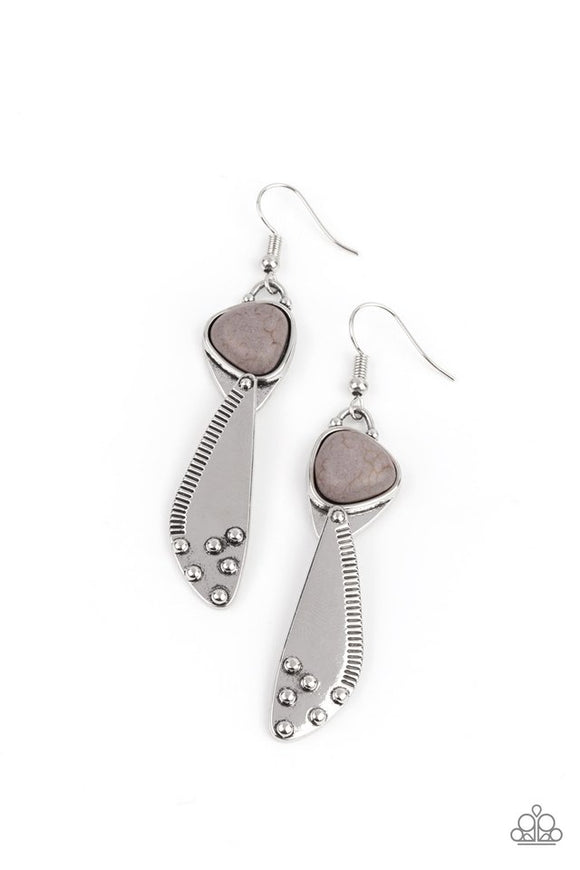 Going Green Goddess - Silver Studs Grey Stone Fishhook Earrings