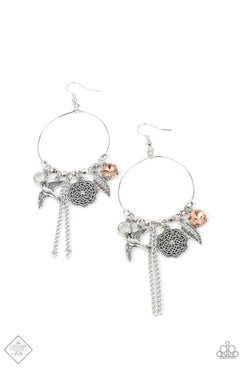 Tweet Dreams - White/Multi Gems Silver Charms of Bird in Flight, Feather, Floral Medallion Dainty Silver Hoop Fishhook Earrings Fashion Fix Earrings