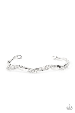 Twisted Twinkle - White Rhinestones Silver Cuff Bracelet