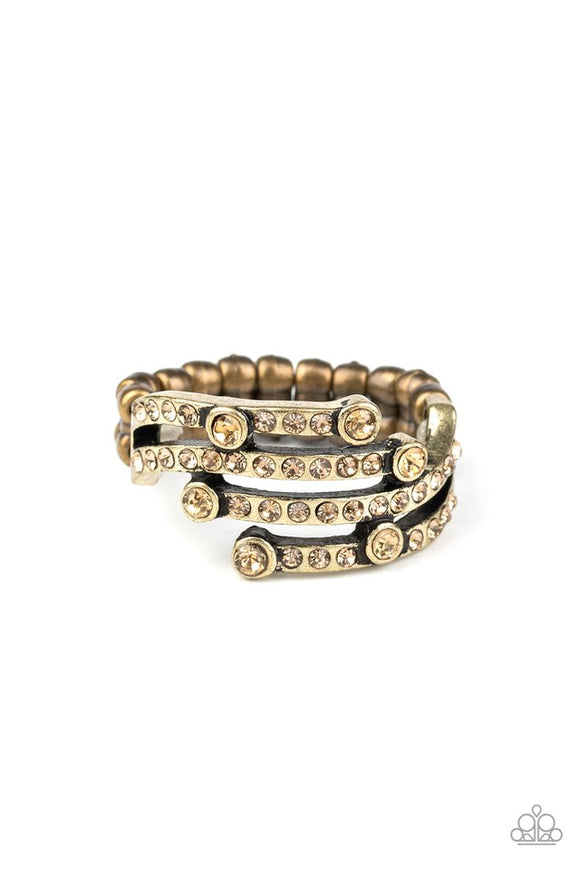 Casino Cache - Brass/Topaz Rhinestones Thin Band Ring