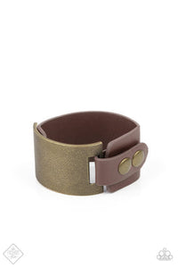 Studded Synchronism - Brass Curved Panel Brown Leather Band Snap Wrap Bracelet - Fashion Fix Bracelet