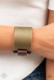 Studded Synchronism - Brass Curved Panel Brown Leather Band Snap Wrap Bracelet - Fashion Fix Bracelet