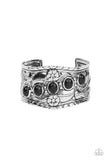Welcome to the Badlands - Black Stones Across Thick Silver Feathery Floral Cuff Bracelet