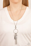 Tastefully Tasseled - White Rhinestones Silver Hammered Pieces Long Necklace