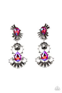 Ultra Universal - Pink Iridescent Teardrop Gems Smokey Hematite Rhinestones Post Earrings