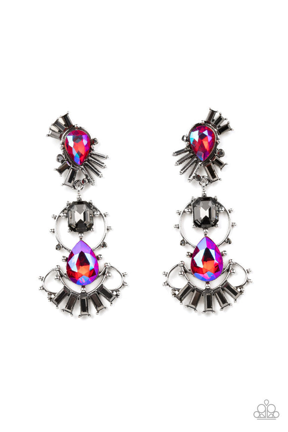 Ultra Universal - Pink Iridescent Teardrop Gems Smokey Hematite Rhinestones Post Earrings
