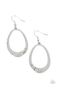 Seafoam Shimmer - Green and Iridescent Rhinestones Silver Hammered Teardrop Fishhook Earrings