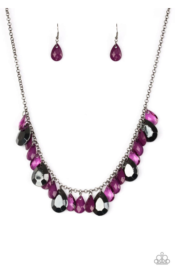 Hurricane Season - Purple/Silver Glassy Teardrops Short Necklace