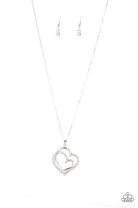 Lighthearted Luster - White Rhinestones Two Silver Hearts Long Necklace