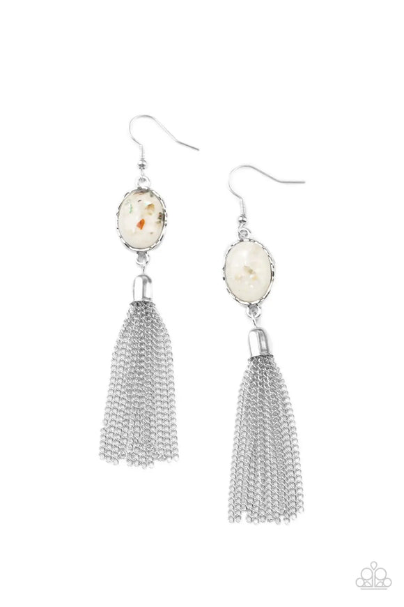 Oceanic Opalescence - White Iridescent Flecks of Shell Encased Silver Frame Fishhook Earrings