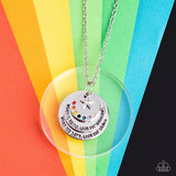 Always Looking Up - Multi Dainty Rainbow of Rhinestones Silver Discs with Inspirational Sayings Short Necklace