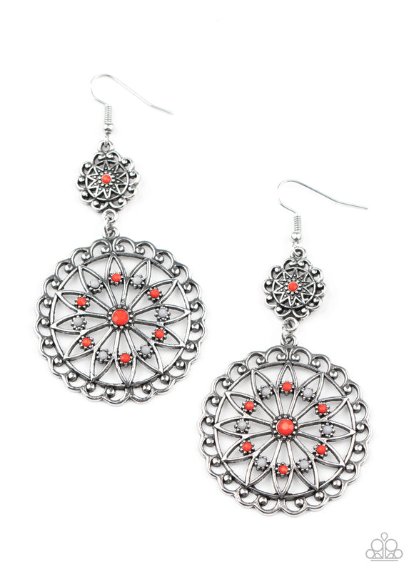 beaded Brilliance - Red/Grey Dainty Beads Floral Frame Fishhook Earrings