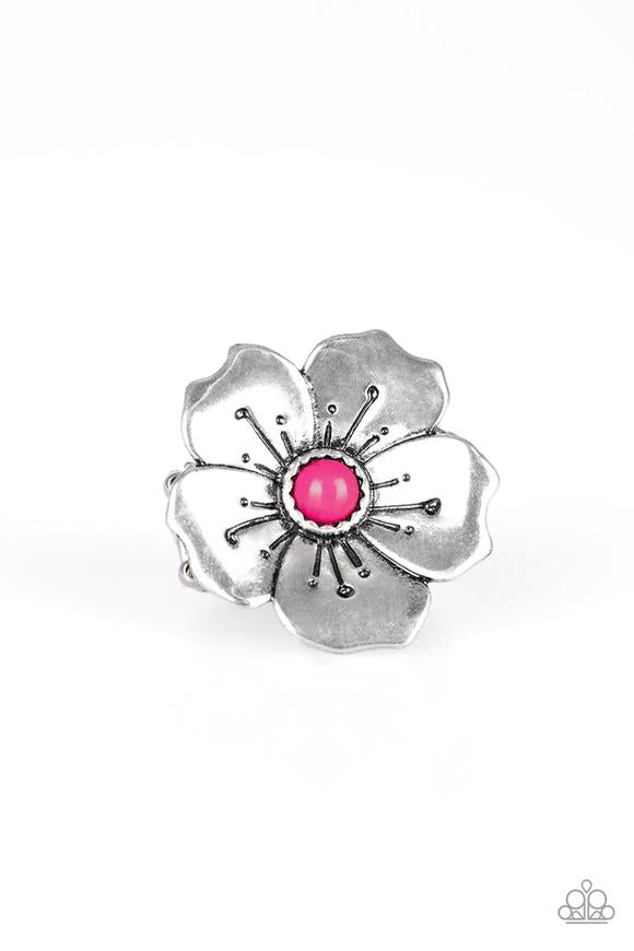 Boho Blossom - Pink - Red Bead Silver Flower Wide Band Ring