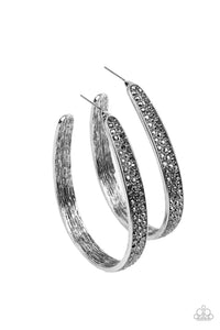 Bossy and Glossy - Silver Hoop Encrusted with Smoky Hematite Rhinestones Hoop Earrings