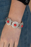 Bountiful Blossoms - Brown, Blue, and Red Dotted Beaded Centers Silver Blossoms Stretchy Bracelet