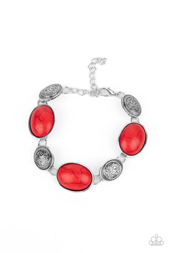 Cactus Country - Red Stones Floral Silver Frames Clasp Bracelet