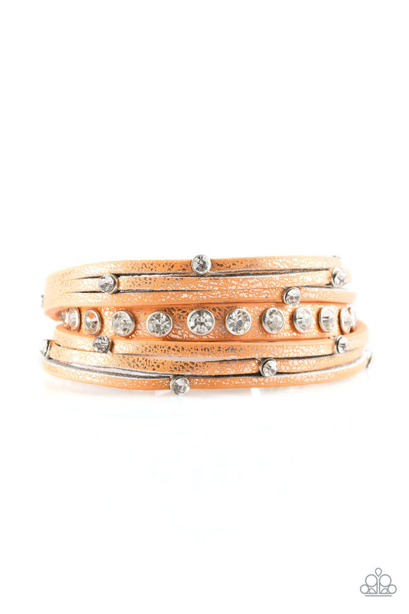 Catwalk it Off - Orange Leather White Rhinestones Urban Double Snap Wrap Bracelet