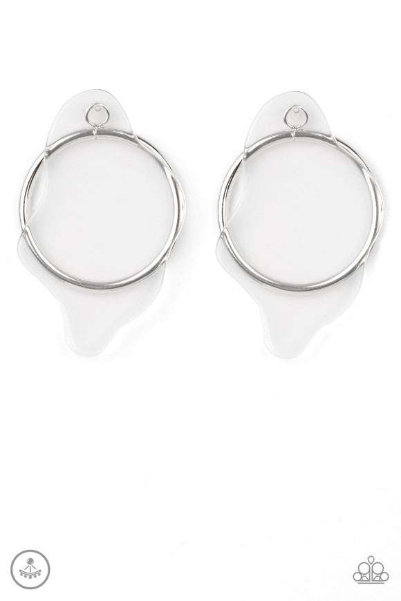 Clear The way - White, Gold Warped Acrylic with Over Sized Silver Hoop Double-Sided Post Earrings