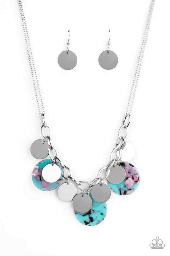 Confetti Confection - Blue - Pink Acrylic Shell-Like Short Necklace