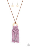 Crafty Couture - Purple Yarn-Like Weave into Knotted Macrame white Wooden Hoop Long Necklace