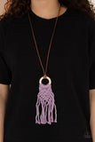 Crafty Couture - Purple Yarn-Like Weave into Knotted Macrame white Wooden Hoop Long Necklace